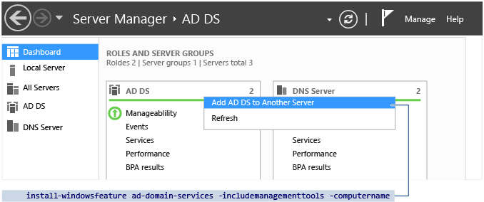 Screenshot che mostra l'opzione di menu Aggiungi Servizi di dominio Active Directory a un altro server.