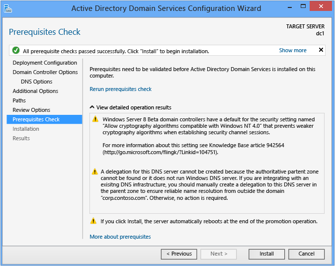 Screenshot che mostra la pagina Controllo prerequisiti nella configurazione guidata di Dominio di Active Directory Services.