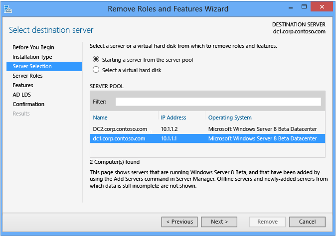 Screenshot che mostra la pagina Selezione server nella Procedura guidata Rimuovi ruoli e funzionalità.