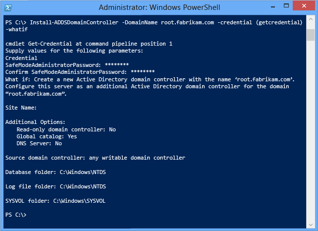 Screenshot di una finestra del terminale che mostra l'uso dell'argomento Whatif facoltativo con il cmdlet Install-ADDSDomainController.