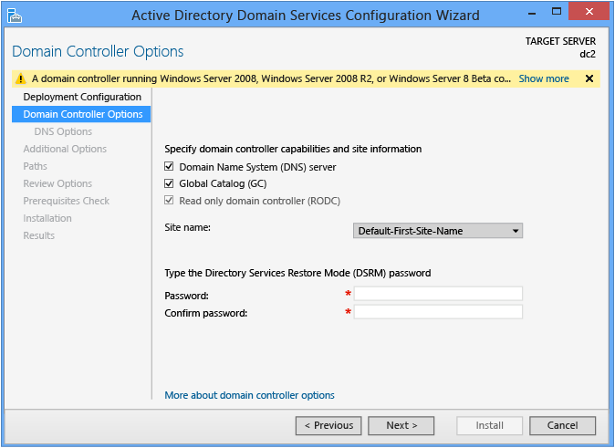 Screenshot che evidenzia un avviso che indica che non è possibile creare controller di dominio di sola lettura se i controller di dominio esistenti eseguono Windows Server 2003.