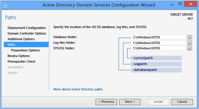 Screenshot che mostra dove è possibile eseguire l'override dei percorsi predefiniti delle cartelle del database di Active Directory Domain Services, dei log delle transazioni del database e della condivisione SYSVOL.