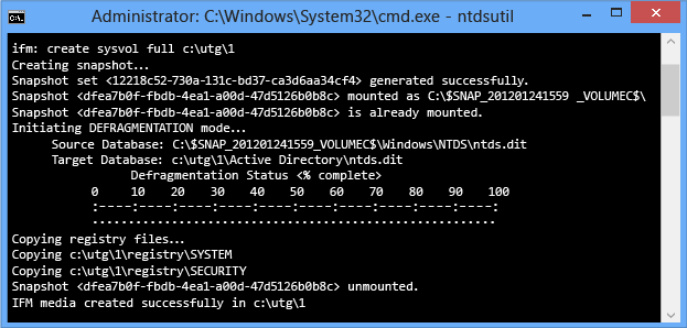 Screenshot della finestra del prompt dei comandi che mostra i risultati dell'esecuzione di ntdsutil quando non è presente alcuna distribuzione di staging.