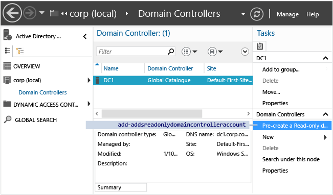 Screenshot del Centro di amministrazione di Active Directory che mostra l'opzione Pre-create a Read-only domain controller account evidenziata nel riquadro Attività.