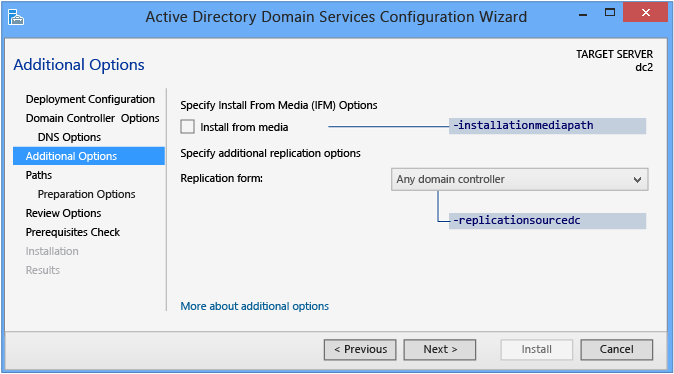 Screenshot della pagina Opzioni aggiuntive della Configurazione guidata Dominio di Active Directory Services quando non è presente alcuna distribuzione di staging.