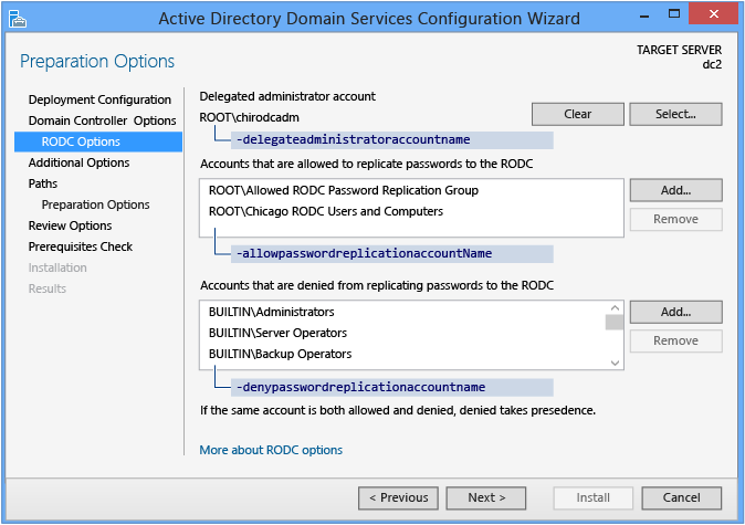 Screenshot della pagina Opzioni controller di dominio di sola lettura della configurazione guidata Dominio di Active Directory Services quando non è presente alcuna distribuzione di staging.