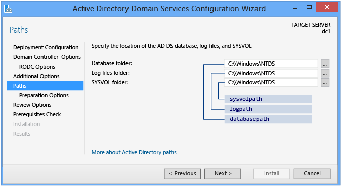 Screenshot della pagina Percorsi della Configurazione guidata Dominio di Active Directory Services quando non è presente alcuna distribuzione di gestione temporanea.