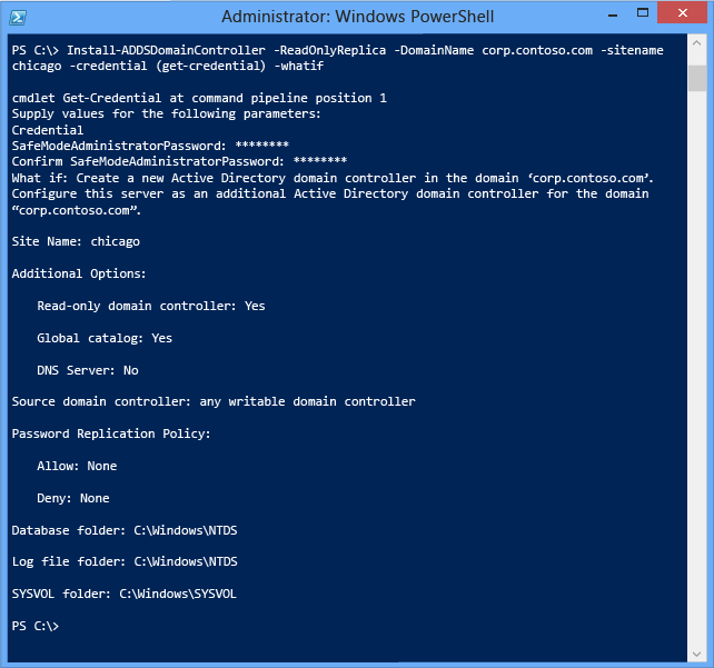 Screenshot della finestra di PowerShell che mostra i risultati del cmdlet Install-ADDSDomainController quando non è presente alcuna distribuzione di staging.