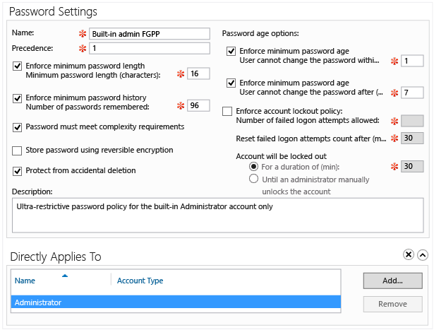 Screenshot che mostra l'interfaccia grafica dei criteri password con granularità fine del Centro di amministrazione di Active Directory.