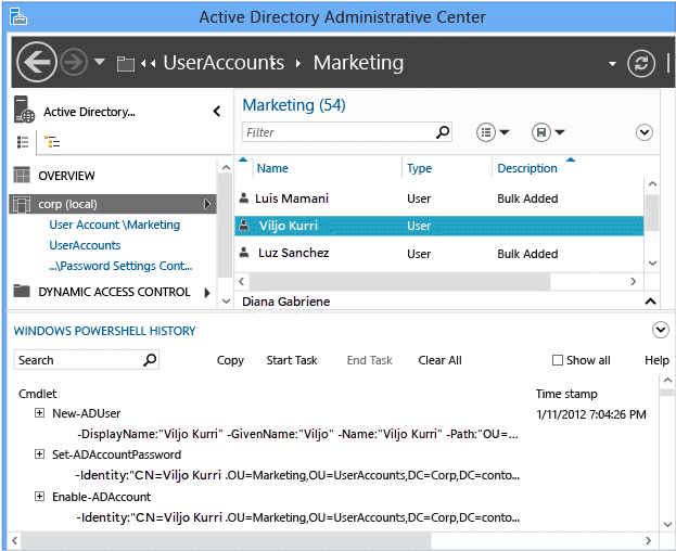 Screenshot che mostra il Visualizzatore della cronologia di Windows PowerShell del Centro di amministrazione di Active Directory.