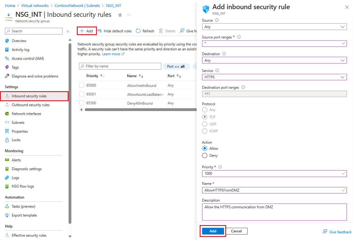 Screenshot che mostra come aggiungere una regola di sicurezza in ingresso.