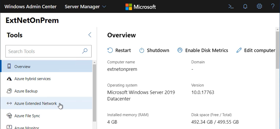 Screenshot di Windows Admin Center che mostra lo strumento di rete estesa in Server Manager nell'appliance virtuale locale