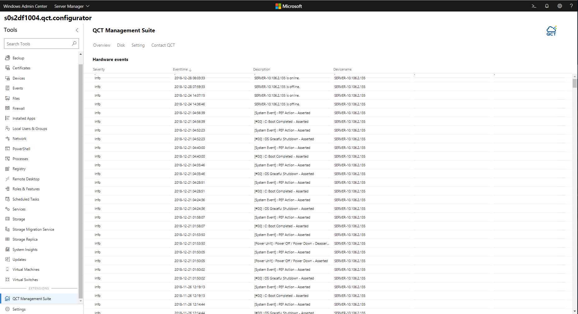 Screenshot dello strumento di monitoraggio per il registro degli eventi hardware e lo stato di integrità incluso nell'estensione QCT.