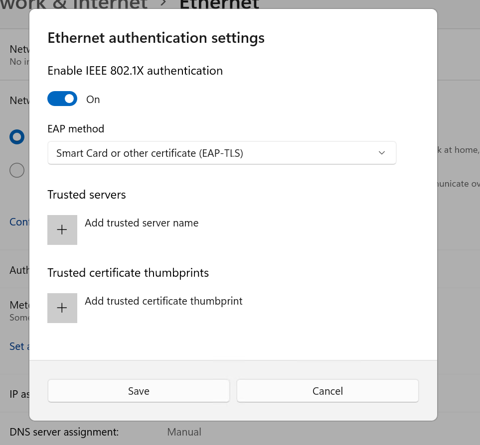 Screenshot della finestra di dialogo delle impostazioni di autenticazione Ethernet, espansa, nell'app impostazioni di Windows 11.