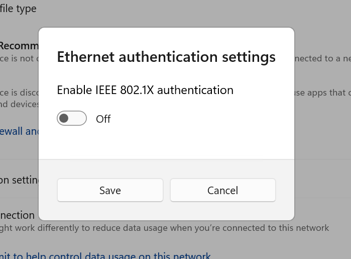 Screenshot della finestra di dialogo Delle impostazioni di autenticazione Ethernet nell'app impostazioni di Windows 11.