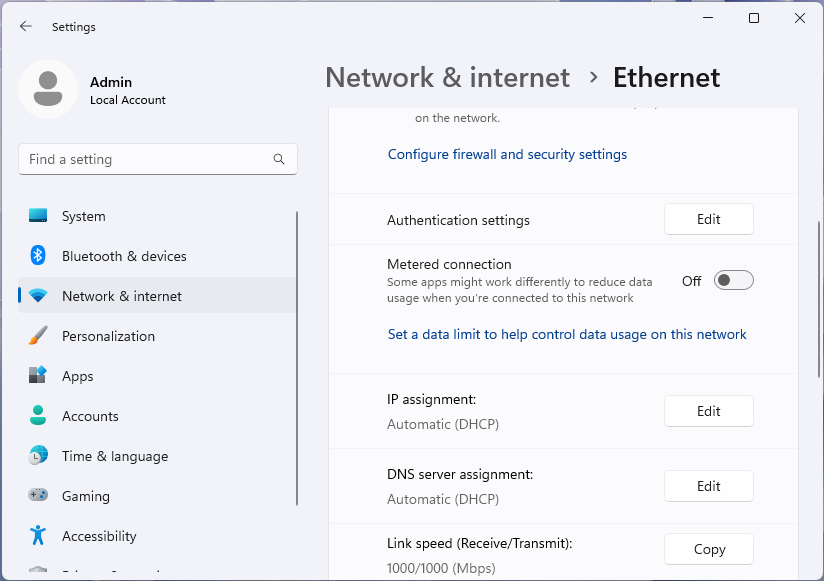 Screenshot della pagina Ethernet nell'app impostazioni di Windows 11.