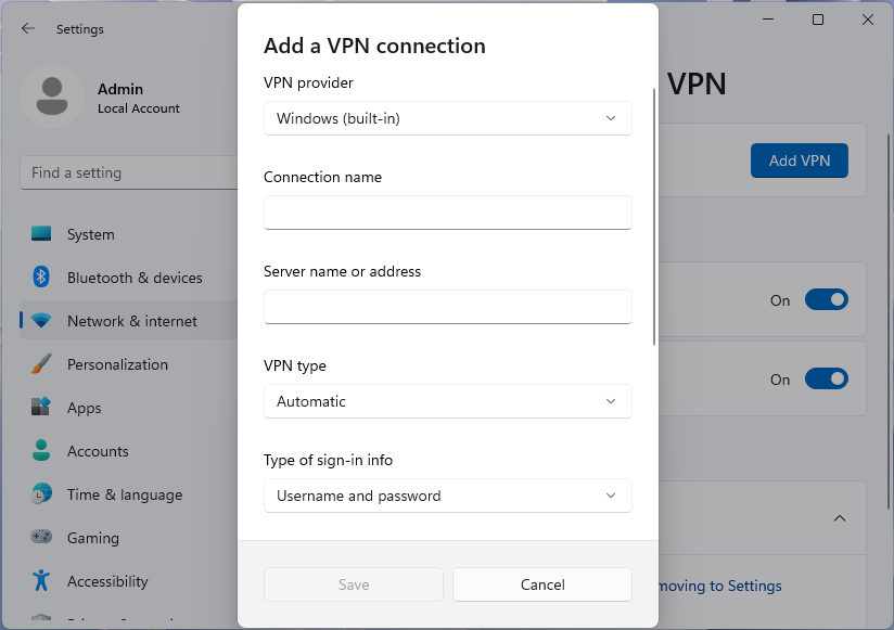 Screenshot della finestra di dialogo Aggiungi connessione VPN nell'app impostazioni di Windows 11.