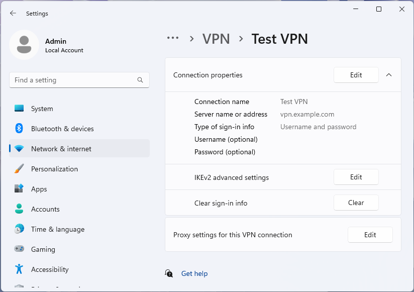 Screenshot della pagina delle opzioni avanzate VPN per un profilo nell'app impostazioni di Windows 11.