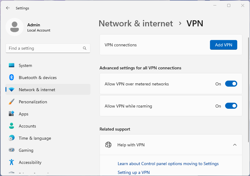 Screenshot della pagina VPN nell'app impostazioni di Windows 11.