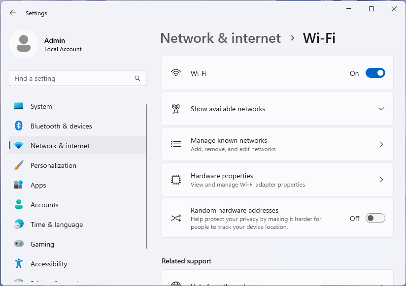 Screenshot della pagina Wi-Fi nell'app impostazioni di Windows 11.