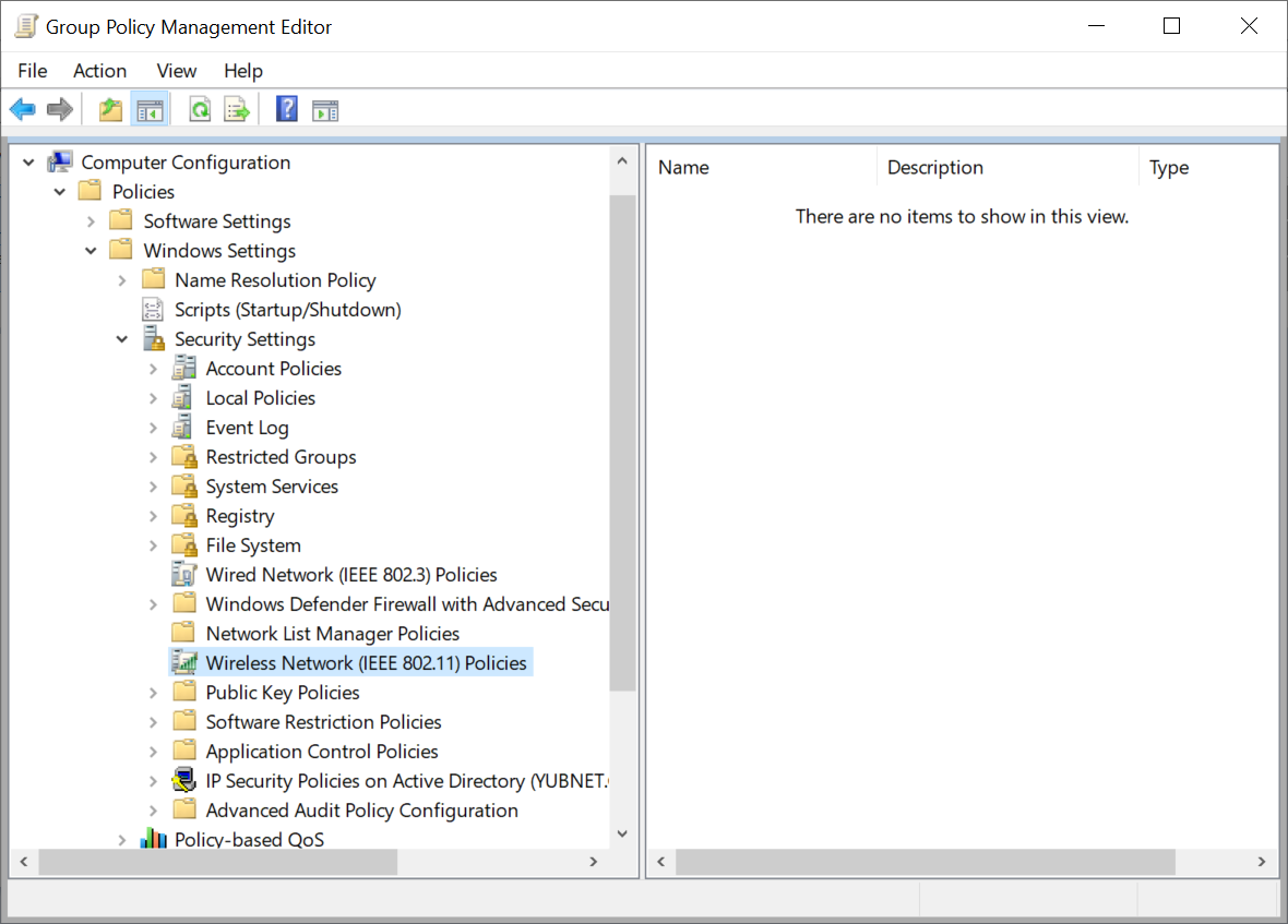 Screenshot che mostra l'opzione Criteri di rete wireless (IEEE 802.11) nell'Editor Gestione Criteri di gruppo.