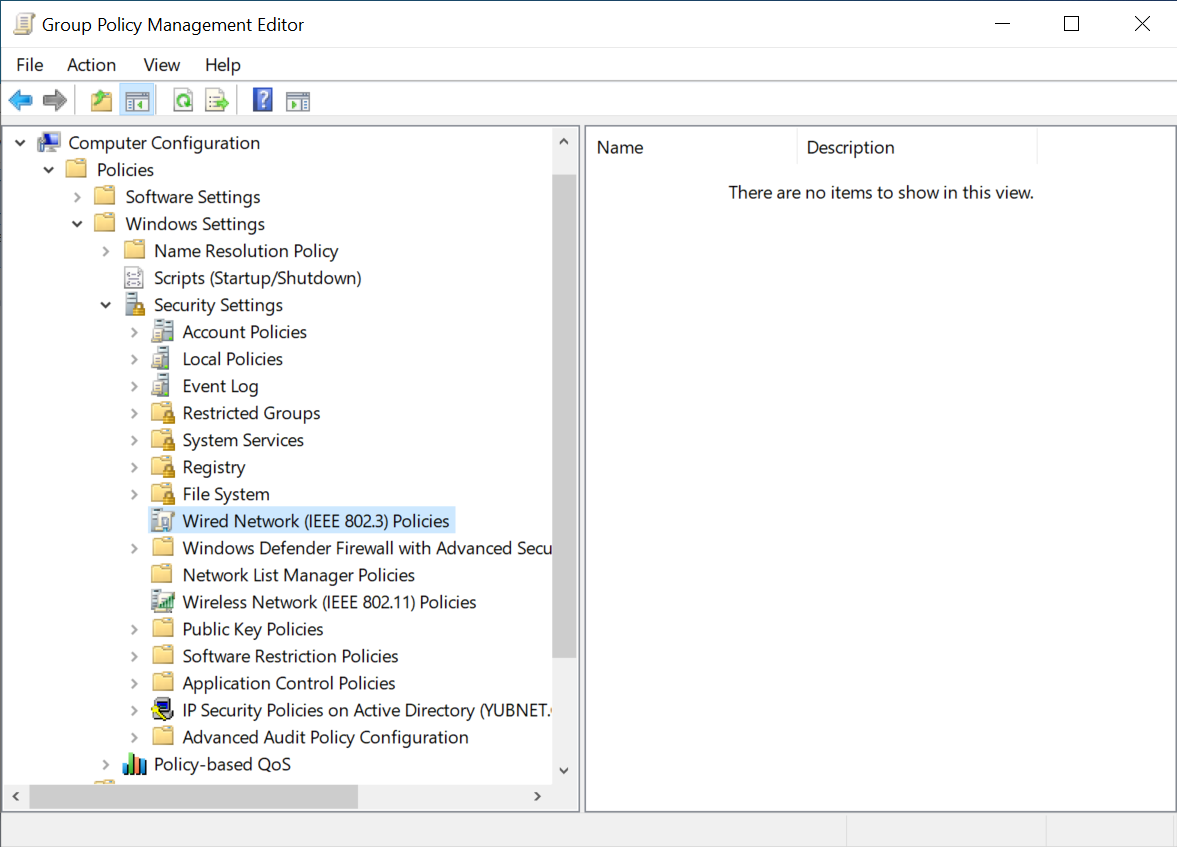 Screenshot che mostra l'opzione Criteri rete cablata (IEEE 802.3) in Editor Gestione Criteri di gruppo.