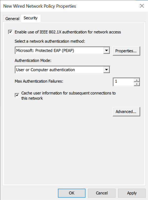 Screenshot che mostra la scheda Sicurezza della finestra di dialogo Nuove proprietà di rete cablata.