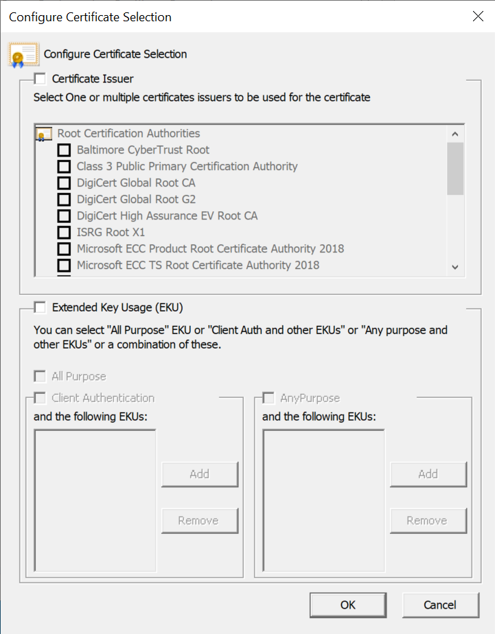 Screenshot che mostra la finestra di dialogo Configura selezione certificati.