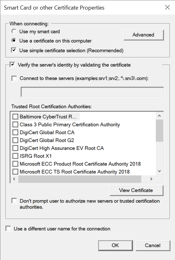 Screenshot che mostra la finestra di dialogo Proprietà certificato o smart card.