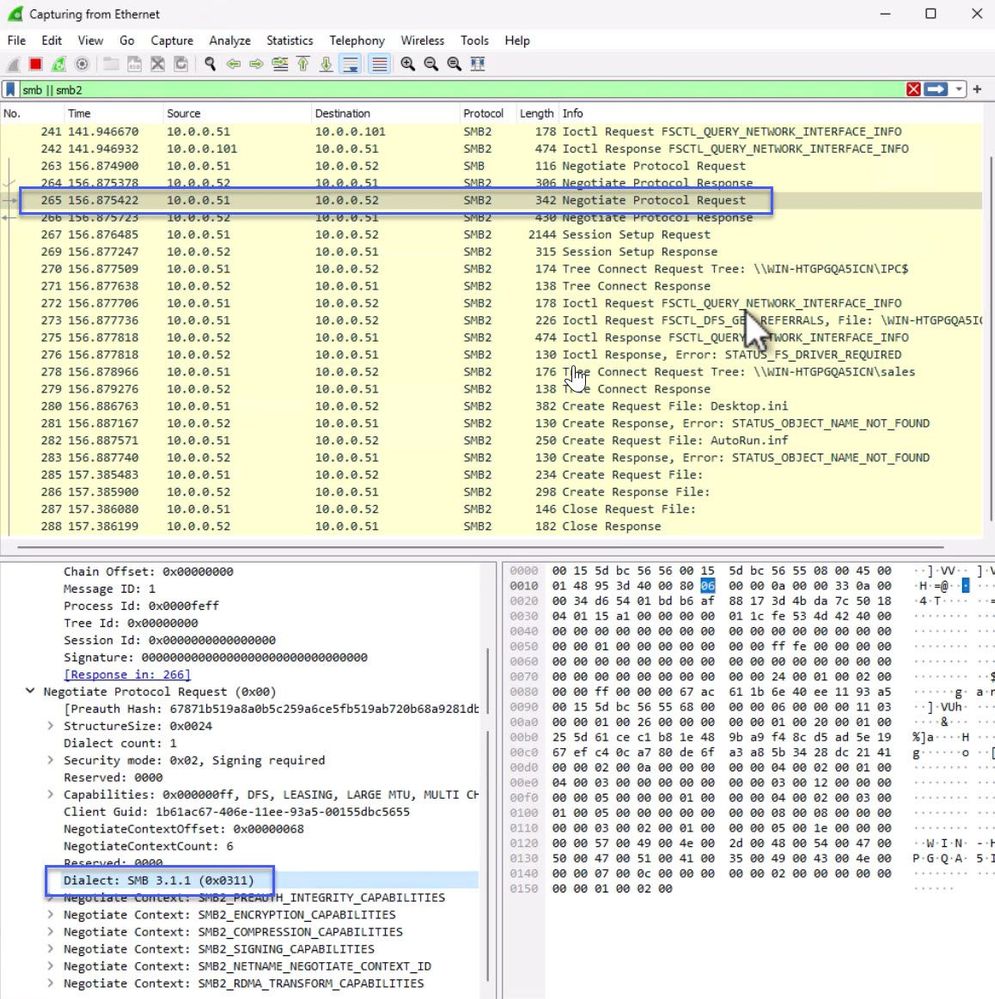 Screenshot che mostra l'acquisizione Ethernet della creazione della sessione SMB.