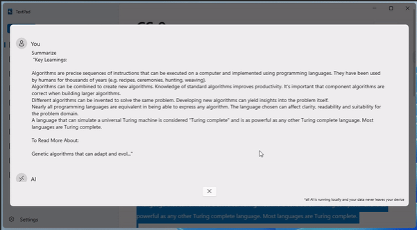 screenshot dell'app di esempio di note assistita dall'intelligenza artificiale che mostra un riepilogo creato dall'intelligenza artificiale.