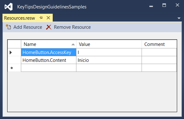 Specificare la proprietà AccessKey specificata nel file resources.resw