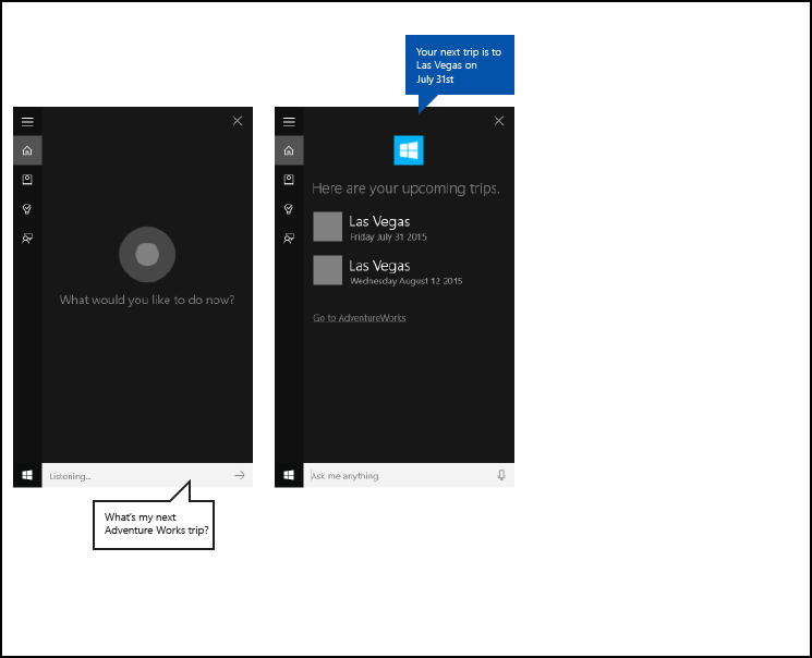 Screenshot di Cortana con una query di base e una schermata dei risultati usando l'app AdventureWorks in background