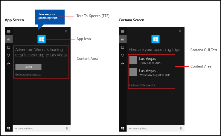 Screenshot dell'avvio dell'app in primo piano di Cortana