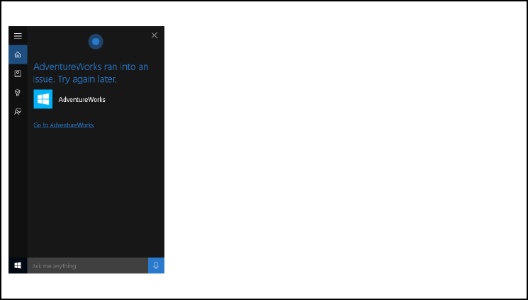 Screenshot dell'area di disegno di Cortana per il flusso dell'app in background cortana end-to-end usando l'errore di annullamento del viaggio di AdventureWorks