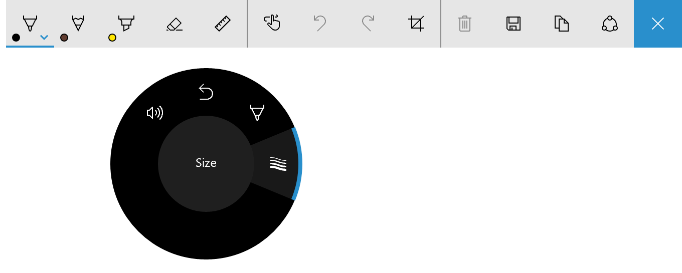 Menu surface Dial con strumento di impostazione della dimensione del tratto per la barra degli strumenti di Windows Ink