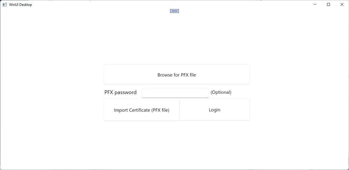 Screenshot dell'app WinUI con pulsanti per cercare un file PFX, importare un certificato e accedere a un servizio Web protetto