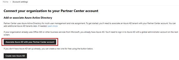 Screenshot che mostra l'opzione per associare Azure AD con l'account del Centro per i partner.