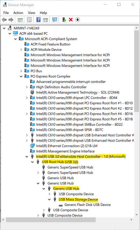 Dispositivi USB annidati nell'albero PnP.