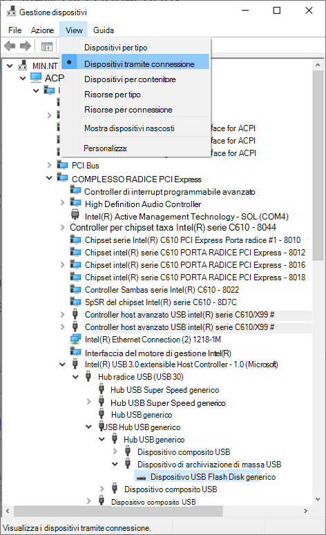 Modifica della visualizzazione in Gestione dispositivi per visualizzare l'albero di connessione PnP.