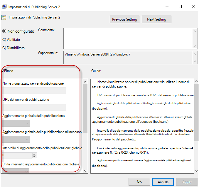 Abilitare le impostazioni del server di pubblicazione 2.