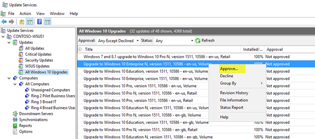 Approvare la funzionalità da distribuire nella console di amministrazione di WSUS.