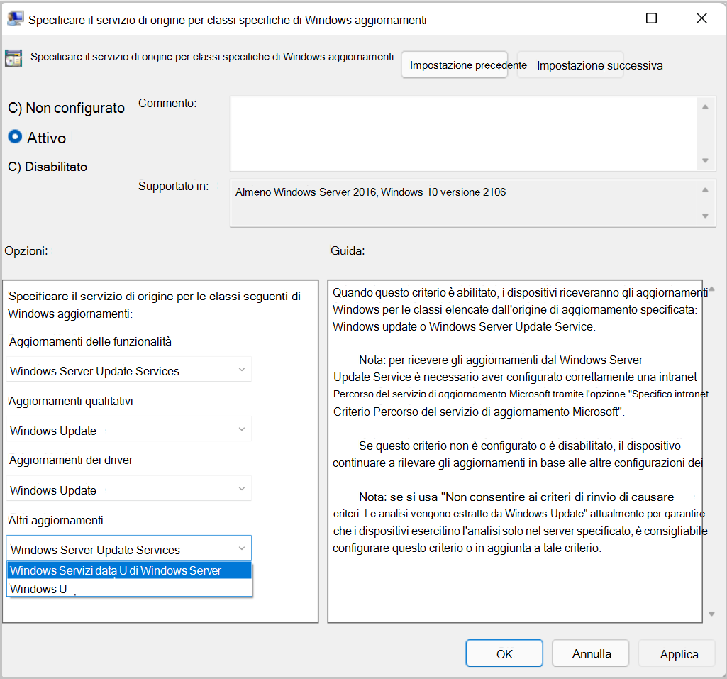 Screenshot di Criteri di gruppo per la specifica delle origini per i tipi di aggiornamento