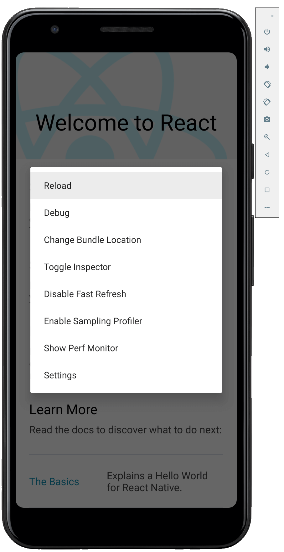 Screenshot del menu di debug React Native