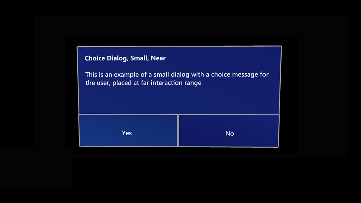 Screenshot di una sovrapposizione di finestre di dialogo con sì e nessun pulsante visualizzato in HoloLens