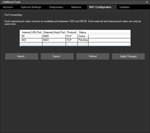 Scheda NAT Configuration (Configurazione NAT) dell'emulatore HoloLens