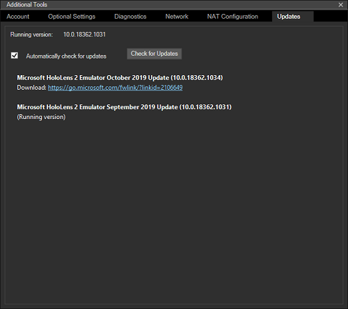 Scheda Updates (Aggiornamenti) dell'emulatore HoloLens