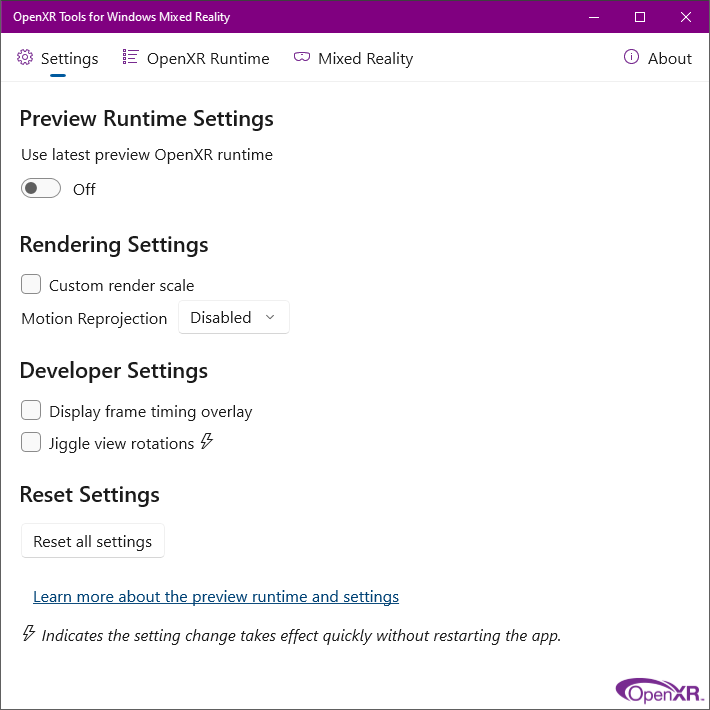 Scheda Impostazioni dell'app OpenXR Tools per Windows Mixed Reality