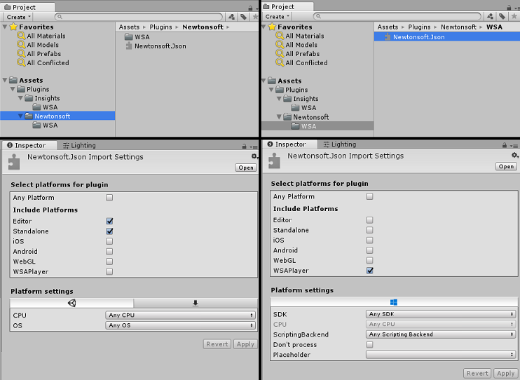 Screenshot di quattro visualizzazioni dei pannelli Project e Inspector che mostrano i risultati della configurazione delle selezioni della cartella e del plug-in Newtonsoft.