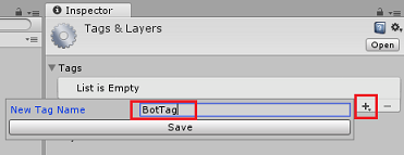 Screenshot del pannello Inspector con il nuovo nome BotTag, il simbolo e il pulsante Salva.